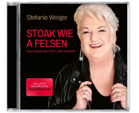 "Stefanie Werger, Stoak wie a Felsen, Das Beste aus fünf Jahrzehnten." Porträt einer lachenden Frau mit Lederjacke.