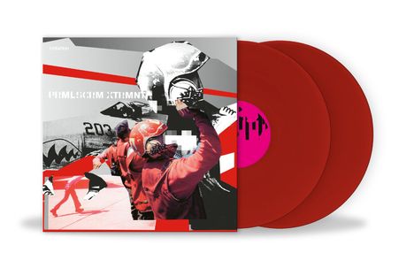 Text: "PRML SCRM XTRMNTR". Cover mit roten, maskierten Figuren und weißen geometrischen Formen, daneben rote Vinyls.