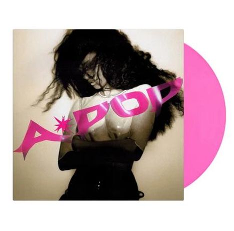 Text: "A*POP" in pink. Frau mit lockigem Haar umarmt sich, pinke Schallplatte sichtbar.