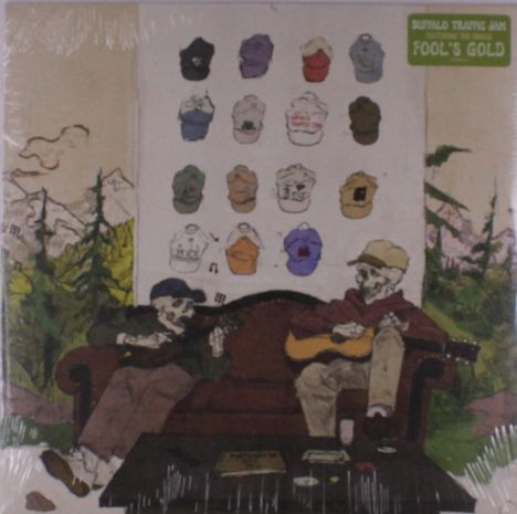 "BUFFALO TRADING JAM FOOL'S GOLD" oben rechts, Illustration zweier Skelette auf einem Sofa mit Gitarren, umgeben von Hüten.
