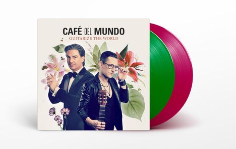 "Café del Mundo" und "Guitarize the World". Zwei Männer mit Gitarren, umgeben von Blumen, vor bunten Schallplatten.