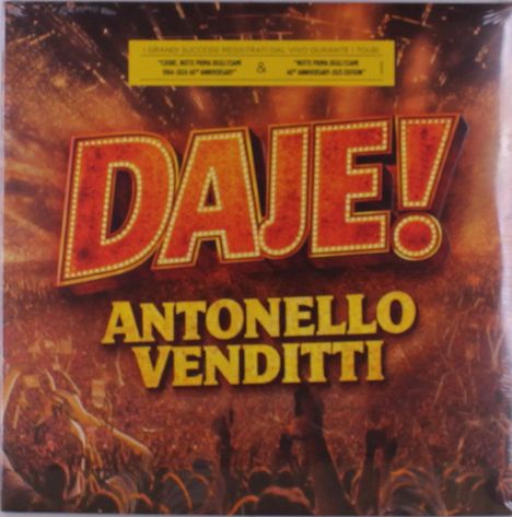 Text: "DAJE! ANTONELLO VENDITTI". Hintergrund: Begeistertes Konzertpublikum mit leuchtenden Effekten.