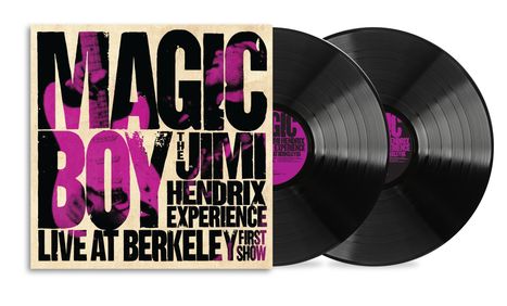 Texte: "MAGIC BOY", "The Jimi Hendrix Experience", "Live at Berkeley First Show". Schwarz-pinkes, kräftiges Design.