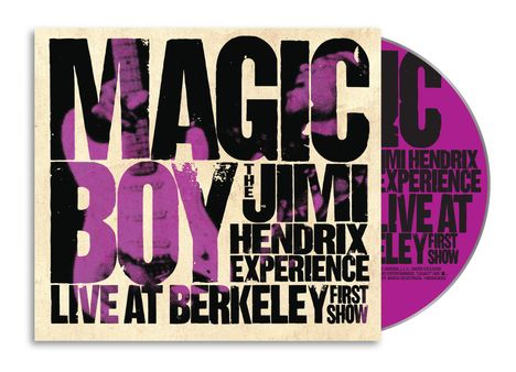 Text "MAGIC BOY THE JIMI HENDRIX EXPERIENCE LIVE AT BERKELEY FIRST SHOW" in großen Buchstaben, violette Akzente.