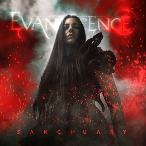 Text: Oben "Evanescence", unten "Sanctuary". Dunkle, mystische Erscheinung mit langem Haar, umgeben von rotem Nebel.
