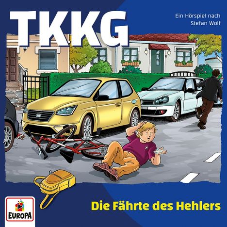 "TKKG", "Ein Hörspiel nach Stefan Wolf", "Die Fährte des Hehlers", "EUROPA". Junge, gelbes Auto, Fahrrad, Mann rennt weg.