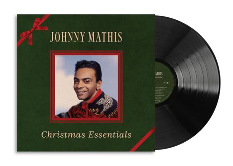 "JOHNNY MATHIS" oben, "Christmas Essentials" unten. Porträt von Mann in rotem Rahmen. Schwarze Schallplatte rechts.