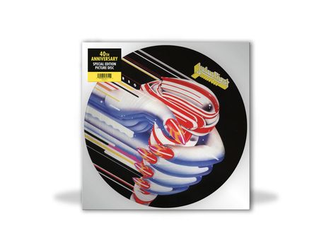 40th Anniversary Special Edition Picture Disc. Illustration einer futuristischen, gestapelten Form mit roten und weißen Linien.