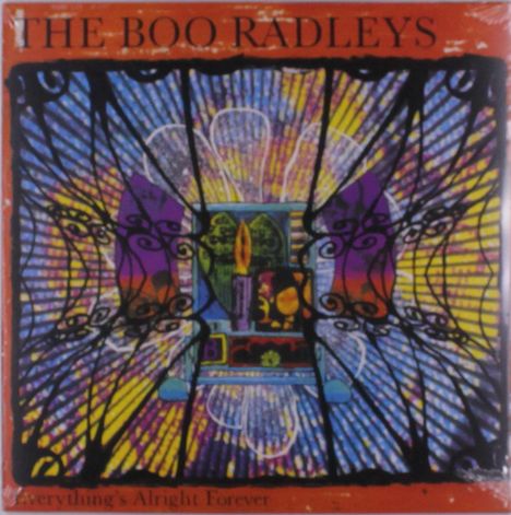 "The Boo Radleys", "Everything's Alright Forever". Buntes, abstraktes Design mit Lampenmotiv und geschwungenen Mustern.