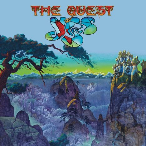 Text: "THE QUEST". "YES". Eine farbenfrohe, surreale Landschaft mit Bergen, Bäumen und einem fantastischen Schloss.