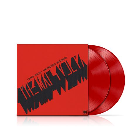 "Lucro Sucio: Unfinished Business." Auf rotem Cover steht dies schräg in Schwarz, daneben zwei rote Vinylplatten.