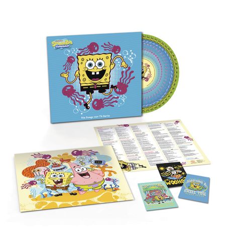 Texte: "Die Songs zur TV-Serie", "WOOHOO", "HAVING A SHELL OF A TIME". Illustration von SpongeBob mit Quallen, farbenfroh.