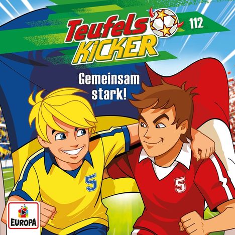 "Teufelskicker", "Gemeinsam stark!". Zwei lächelnde Jungen in gelbem und rotem Fußballtrikot, Logo unten links.