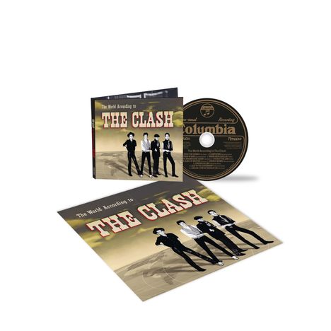 "The World According to THE CLASH" steht auf CD-Hülle. Zeigt vier Männer in Anzügen. CD mit "Columbia" Label.