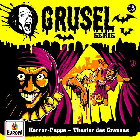 "Grusel Serie 15. Horror-Puppe – Theater des Grauens. Europa Logo. Illustration mit grinsendem Gesicht und Fledermäusen."