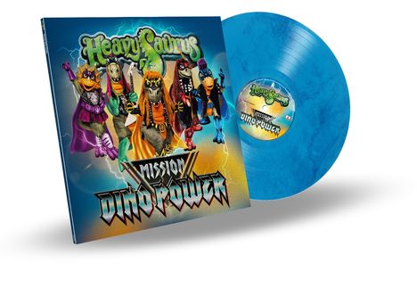 „Heavysaurus Mission Dino Power“ auf einem farbenfrohen Albumcover mit cartoonhaften Dinosauriern.
