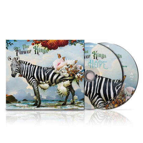 "The Flower Kings" und "HOPE" auf Blu-ray-Cover. Zebra mit Blumen und Schmetterlingen in surrealer Landschaft.