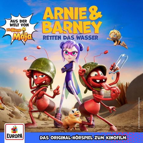 "Arnie & Barney retten das Wasser" in gelbem und blauem Text. Illustration mit Ameisen, einer lilahaarigen Figur und einem Ferkel.