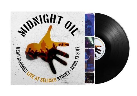 "Midnight Oil: Head Injuries Live at Selina’s Sydney - April 13 2017." Schallplatte mit Cover, Hand-Silhouette, Konzertmotive.