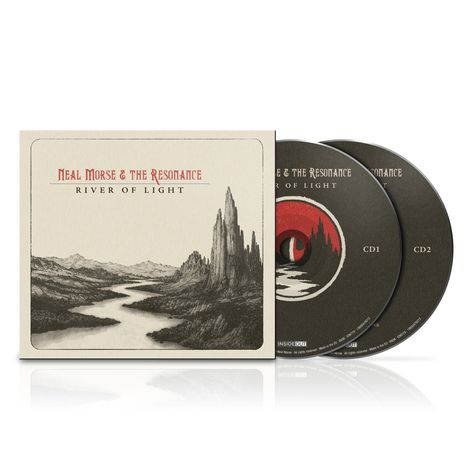 "Neal Morse & The Resonance: River of Light." Zu sehen ist eine Flusslandschaft, flankiert von CDs.