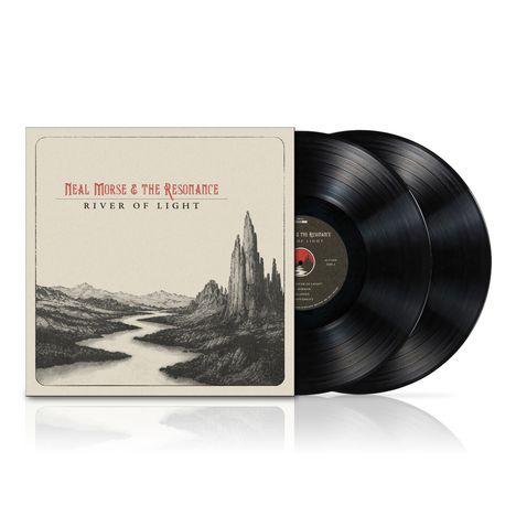 „Neal Morse & The Resonance: River of Light“ steht auf einem Albumcover mit Fluss und Bergen, zwei Schallplatten daneben.