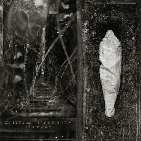 "WOLVES in the THRONE ROOM" und "ESTUARY" in einer mystischen Szenerie: links ein Waldweg, rechts ein verhüllter Körper.