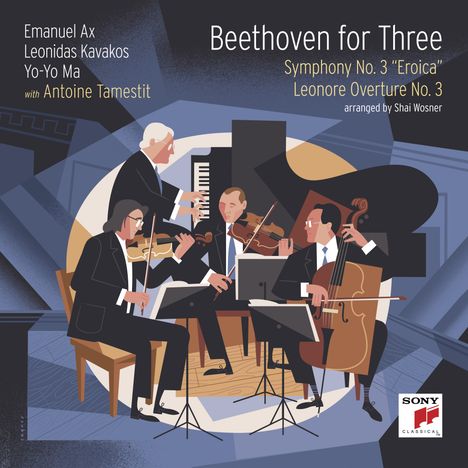 Texte: Beethoven for Three, Emanuel Ax, Leonidas Kavakos, Yo-Yo Ma, with Antoine Tamestit, Symphony No. 3 "Eroica". Illustration: Vier Musiker mit Instrumenten.
