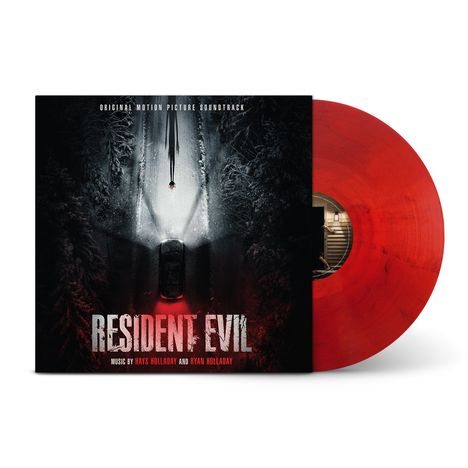 Text: "Original Motion Picture Soundtrack", "RESIDENT EVIL", "Music by Hays Holladay and Ryan Holladay". Winterliche Waldszene.