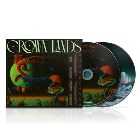 "CROWN LANDS" steht oben, "APOCALYPSE" vertikal. Illustration: Drache, Planet, Raumlandschaft mit roten und grünen Elementen.