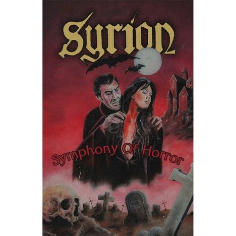 „Syrion“ und „Symphony Of Horror“ in gotischer Schrift. Ein Vampir umarmt eine Frau vor einer Burg und Grabsteinen bei Vollmond.