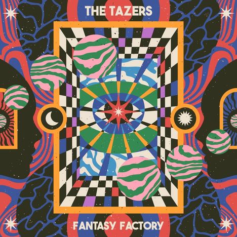 "The Tazers" und "Fantasy Factory" in futuristischer, bunter Illustration mit geometrischen Mustern und farbigen Kugeln.
