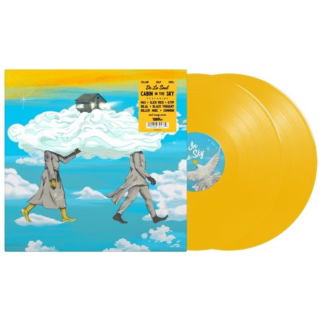 Text: "De La Soul, Cabin in the Sky, Featuring Nas, Slick Rick, etc." Illustration: Menschen tragen eine Wolke, gelbe Schallplatten.