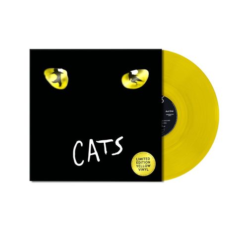 „CATS“, darunter steht „LIMITED EDITION YELLOW VINYL“. Schwarzes Cover mit Katzengesicht und gelber Vinylschallplatte.