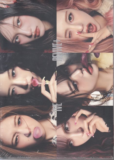 Text: "IVE THE 2ND ALBUM", "REVIVE+", "CHALLENGERS". 
Sechs Frauen auf einer Box, jede mit markantem Ausdruck.