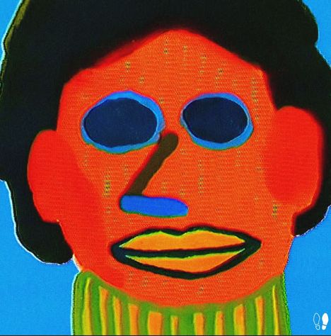 Eine bunte, abstrakte Illustration eines Gesichts mit leuchtend roten und blauen Bereichen und einem auffälligen Ausdruck.