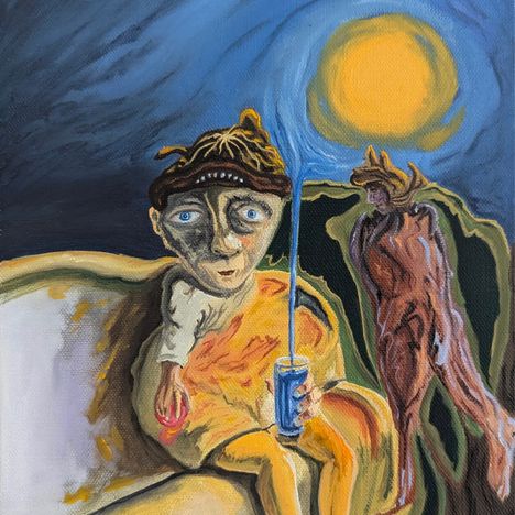 Eine surrealistische Illustration mit einer Figur und einem Fisch unter hellem Mondlicht.