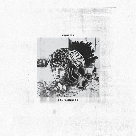 AMULETS, REM(A)INDERS. Eine abstrakte Illustration mit antikem Kopf und technischen Elementen.