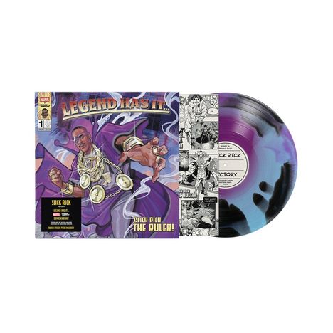 "LEGEND HAS IT." und "SLICK RICK THE RULER!" lesen sich in einer dynamischen Comic-Illustration mit einer bunten Schallplatte.