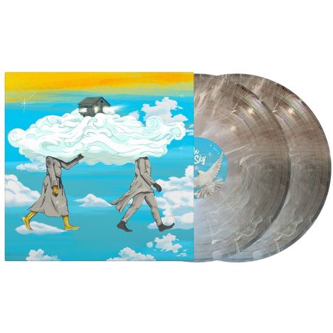 Text: "In the Sky". Illustration: Zwei Personen mit Wolken als Köpfe, ein Haus auf einer Wolke, ein blauer Himmel.