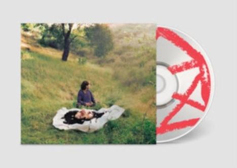 Eine CD mit rotem, stilisiertem "A" darauf. Foto von einer Person auf einer Decke in einer grünen Wiese.