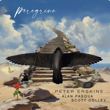 Titel "Peregrine", darunter die Namen: Peter Erskine, Alan Pasqua, Scott Colley. Treppe zu Wolken; Falke im Flug.