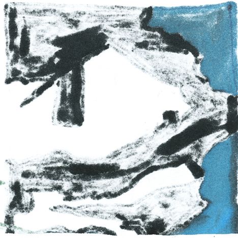 Abstrakte Illustration mit schwarzen und blauen Formen auf weißem Hintergrund.