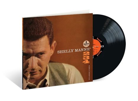 "SHELLY MANNE 2 3 4"; ein Albumcover, ein Mann mit Zigarette, Vinyl-Schallplatte mit orangenem Label rechts.