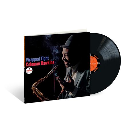 Cover mit Text "Wrapped Tight Coleman Hawkins". Ein Mann mit Anzug spielt Saxophon, daneben eine schwarze Schallplatte.