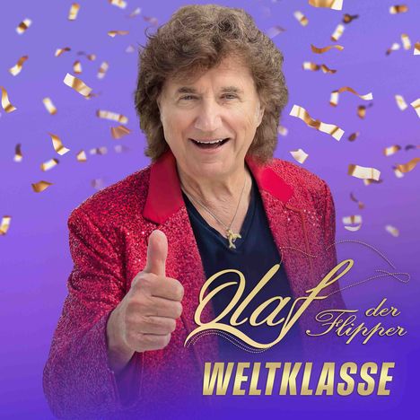 „Olaf der Flipper WELTKLASSE“ steht auf lila Hintergrund mit goldenen Konfetti. Ein Mann zeigt den Daumen hoch.