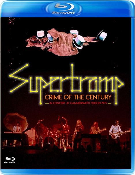 Supertramp, Crime of the Century, Konzert 1975. Musiker auf der Bühne, oben schwebende Hüte und Mäntel. Blu-ray-Logo.