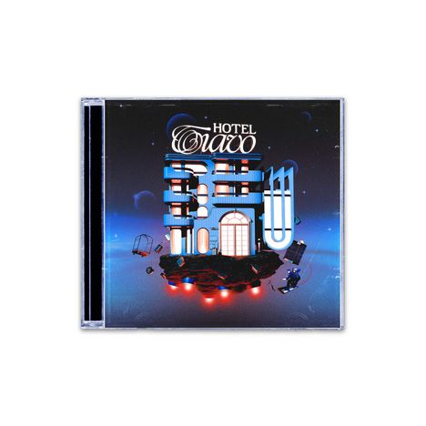 "Hotel Ciao." Ein futuristisches, blaues Gebäude schwebt vor einem galaktischen Hintergrund.