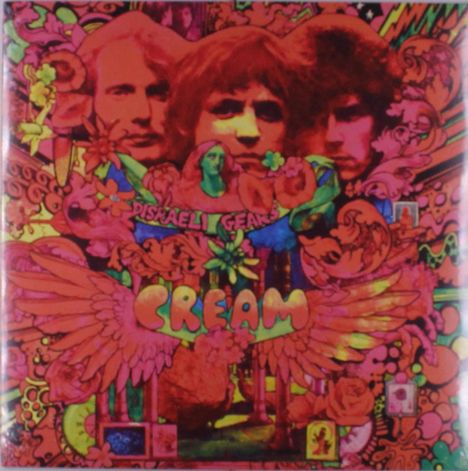 "Disraeli Gears" und "Cream" in psychedelischen Buchstaben, umgeben von leuchtenden Farben und abstrakten Mustern.
