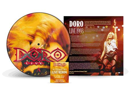"DORO LIVE 1993" in großen weißen Buchstaben. Eine Vinyl-Schallplatte mit gelber und orangefarbener Grafik. Frauenfoto rechts.
