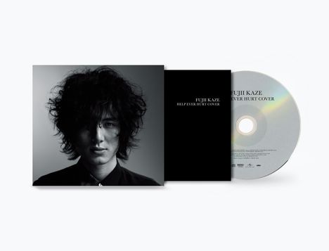 Text: "Fujii Kaze Help Ever Hurt Cover". Schwarz-weiß Porträt eines Mannes mit lockigem Haar neben einer CD.